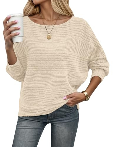 WNEEDU Strickpullover Damen Herbst Elegant Dünne Fledermausärmel Pullover