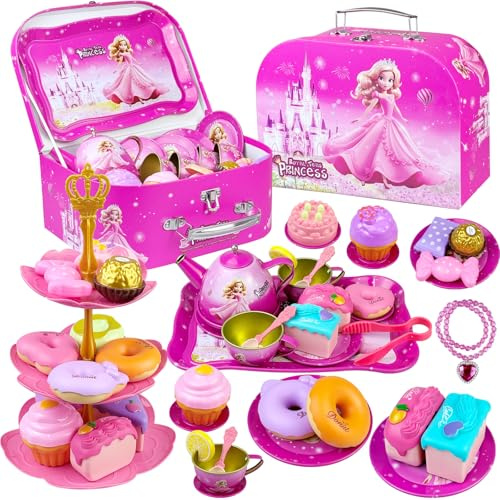 Tea Party Set for Little Girls, Royal Family Princess Tea Set with Teapot, Tea Cups, Plates & Carrying Case, Kids Pretend Tea Party Set Birthday Gift for Toddler Girls Age 3+ (Royal Family Princess)