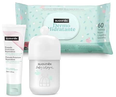 Suavinex, Kit Aseo Bebé con: Colonia para Bebés Baby Cologne 100 ml + Pomada Pañal 50 ml + Pack Toallitas Dermohidratantes 60 uds. Para llevar de Paseo, en el Neceser, de Viaje o a la Escuela Infantil