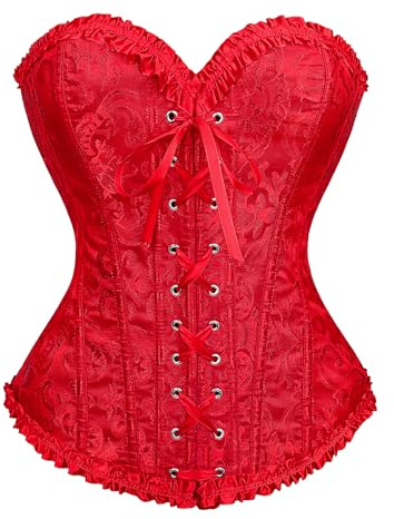 LEACOOLKEY Corpetto Corsetto per Donna con Lacci e Stecche Bustier Floreale Overbust per Costume Halloween,Rosso,M