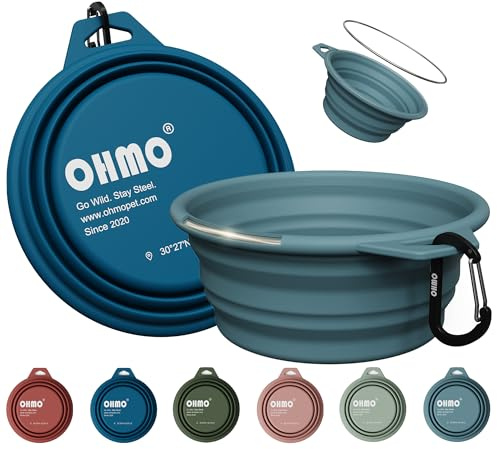 OHMO Hundskål vikbar med rostfri ring, 2 stycken 800 ml premium silikonskål för hundar och katter, robusta reseskålar för utomhus, camping, vandring