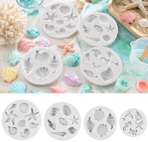 4 Stück Silikonformen Muscheln,3D Meerestiere Backform Set,3D Meerestiere Silikonform,Fondantformen mit Meeresmotiven,Meerestiere Backform Set Fondantform,Silikonformen Backen mit Meeresmotiven