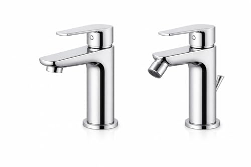 Set Bagno Completo Lavabo + Bidet con Rubinetti in Ottone e Pilette Incluse – Kit Installazione Incluso – Design Moderno Basik