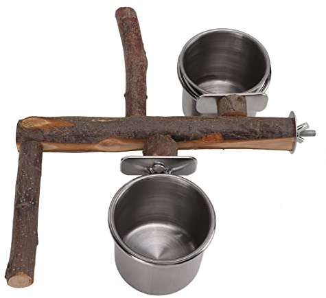 RiToEasysports Support en Bois pour Perroquet avec Bol de Nourriture en Acier Inoxydable, Bol d'alimentation pour Perchoir de Cage à Oiseaux de Haute qualité pour Matériau en Bois de Pommier pour (S)