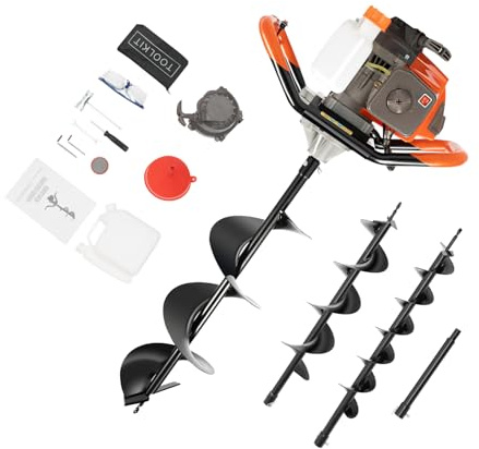 LENJKYYO Trivella per terreno, Trivella a scoppio 71cc 2.3KW con 3 punte (10/15/20cm) e prolunga 30cm, Mototrivella per giardino e campi, ideale per trivellazione profonda, Arancione/Nero