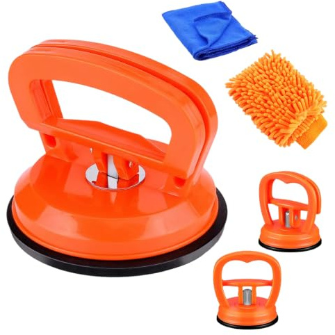 QCGNIUI Ventosas Sacabollos Coche, 5 Piezas con Guante Naranja y Toalla, Ventosas Potentes para Reparación de Abolladuras de Carrocería, Coche, Cristal y Azulejos (1 Grande + 2 Pequeñas)