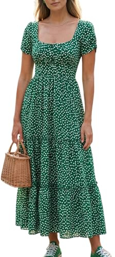 ZHAOCAI Summer Dresses for Women, Ladies Dresses Slimming Midi, Short Sleeve Square Neck Ruffle Petal Polka Dot Casual Floral Wrap Over Shift Skater Sundress (UK, Alpha, M, Regular, Regular, Green)