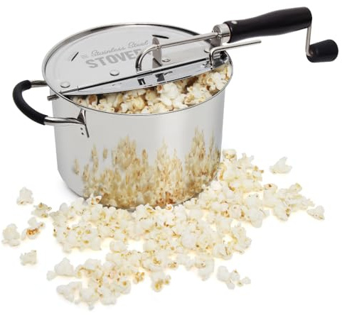 Time for Treats StovePop Popcorn-Popper aus Edelstahl – getriebelose Handkurbel, magnetischer Deckel, 6 Qt – Induktionsbereich kompatibel