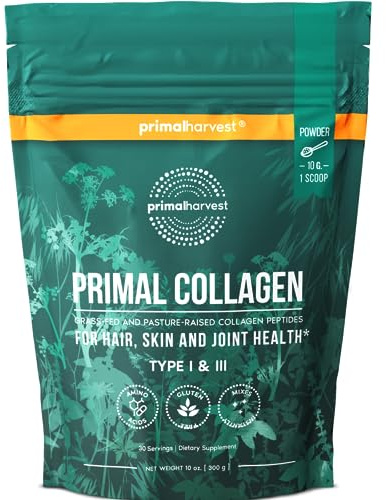 Primal Harvest Collagen Powder for Women or Men Primal Collagen Peptides Powder Type I & III, 10 Oz Collagen Protein Powder for Hair, Skin, Nails (Single, Original)