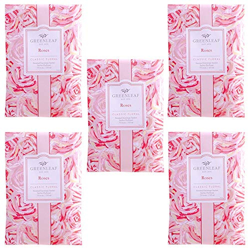 5x Greenleaf - ROSES - Sacchetto Profumato per Armadi (ROSA) - Pacchetto da 5 sacchetti 11,5 x 17 cm - Fragranze e profumi per la casa + in OMAGGIO 2 Tisane Funzionali Viropa
