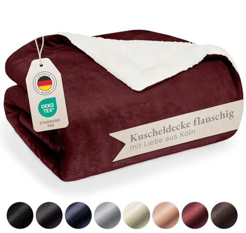 Blumtal Premium Sherpa Kuscheldecke flauschig 220x240 cm - Oeko-Tex zert. Sofa Decke mit Dicker Sherpa-Innenseite - super Flauschige Decke extra dick und wärmend - Cozy Fleecedecke - Dunkelrot