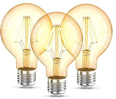 B.K.Licht - 3er Set LED Lampe E27 mit extra warmweißer Lichtfarbe, G80 Form, 4 Watt, 360 Lumen, LED Glühbirne, Leuchtmittel, Birne, Vintage, Retro, Edison, 12,6x8 cm, Bernsteinfarbig