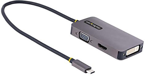 StarTech.com Adaptador de Vídeo USB C, Adaptador USB Tipo C a HDMI VGA DVI hasta 4K 60Hz, Adaptador de Pantalla Multipuertos, Compatible con Thunderbolt 3/4, Adaptador de Viajes (118-USBC-HDMI-VGADVI)