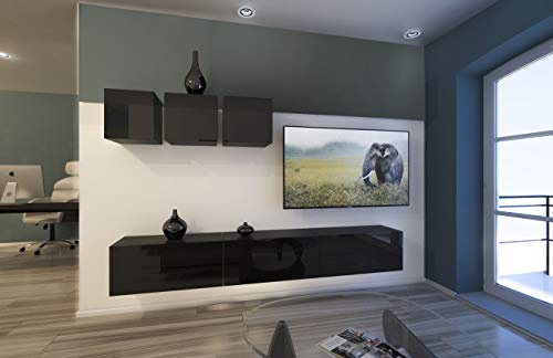 Furnitech Wohnwand Wohnzimmer | Wohnzimmer Möbel mit LED RGB - 16 Farben | Hängend Wohnwand Modern | Wohnzimmer Schrankwand mit Regale und TV Schrank (AN13-18B-HG1 1B)