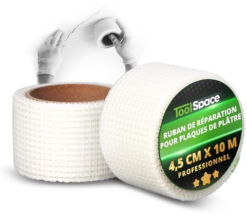 ToolSpace Bande Fibre Verre Autocollante Placo 4,5 cm x 10 m Réparation Fissures Joints Mur Plafond Intérieur Rebouchage Finitions Renforcement Renforcé Enduit Rénovation Maillage Tissé Plâtre Trous