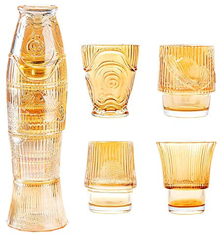 Hosoncovy 4 Cup Set Foldable Glass Koi Fish Combination Water Drink Tea Coffee Mug Drinking Glasses Decorative Home Ornament Thumbler for Cocktail, Juice, Soft Drinks (Gold)