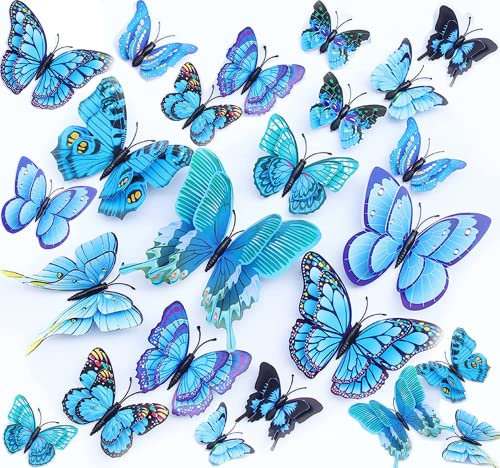24PCS 3D Butterfly Wall Sticker Decor,3D Butterflies Stickers for Party Decorations with Magnets and Gum Removable and Reusable (Blue)