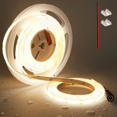 TOPAI Ruban LED COB 12V Blanc Chaud Exterieur Etanche IP65, 5M Bande LED 3000K Autocollant, Découpable, CRI>90, 480LEDs/M Haute Densité, Largeur 8mm pour Cuisine, Armoire, Décoration de la Maison