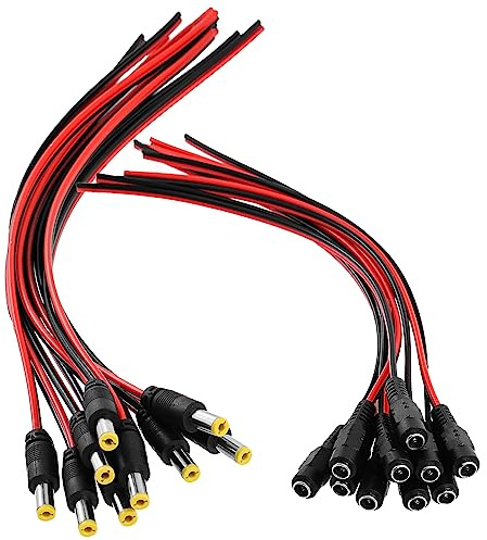 Swpeet 10 Pairs 2.1mm x 5.5mm Male Female 18AWG 12V 5A DC Power Pigtail Barrel Plug Connector Cable, DC Plug Connector Pigtail for CCTV Security Camera Pigtail Power Plug Adapter Led Strip