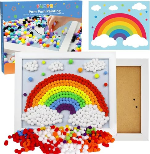 Funto Kit de peinture à pompons licorne, plus de 1100 pompons, toile et cadre robuste pour décoration d'intérieur, artisanat artistique pour enfants, kit de peinture pour enfants, cadeau pour enfants