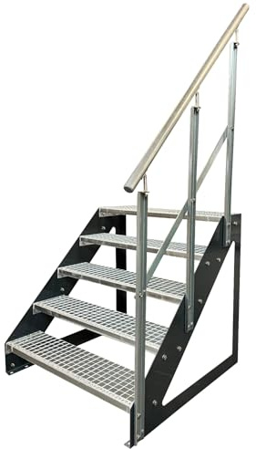Kaminbau Mierzwa Premium Stahl Treppe Freistehend mit verzinktem Geländer Rechts/Wangen Anthrazit RAL 7016/5 Stufen verzinkt (Breite 1200 mm) (Höhe 95 cm) Gitterroststufe Gartentreppe