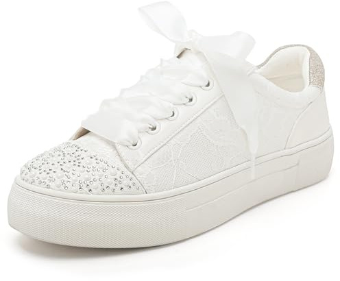 Elivandon 9994 Scarpe da Sposa Pizzo Sneakers da Sposa 3,7cm Piattaforma Sposa Scarpe da Tennis Sparkling Strass Sneakers da Sposa Colore Avorio, Taglia 35 EU