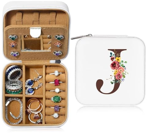 TINGN Personalisierte Schmuckkästchen mit Initiale J und Blume Kleine Schmuckkästchen Reise Schmuckkästchen mit Spiegel für Damen Mädchen Geschenk für Geburtstage, Muttertag