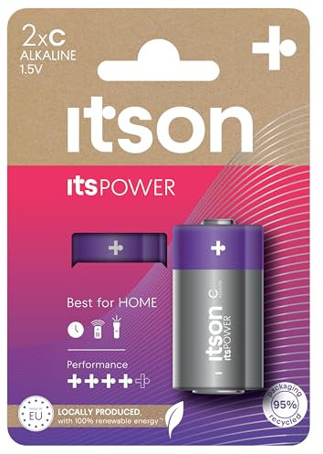 ITSON, C batteries, pack of 2, eco-friendly packaging of 95 Percentage recycled materials, for clocks, torches, remote controls, made in EU