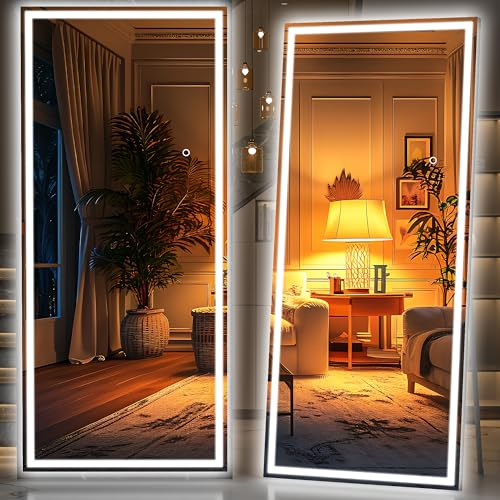 Hasipu 210x90cm Ganzkörperspiegel mit LED Beleuchtung, Groß Standspiegel mit Licht, 3 Lichtfarben, Sicherheitsglas, Freistehender Bodenspiegel, Wandspiegel für Schlafzimmer & Garderobe(Schwarz)