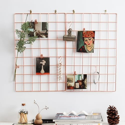 MOIUCUN Wandgitter, Fotowand Dekoration, Schreibtisch Deko,Memotafeln für Küche, Wohnzimmer, Schlafzimmer,Größe 44 cm x 30 cm, 2er Set (Roségold)