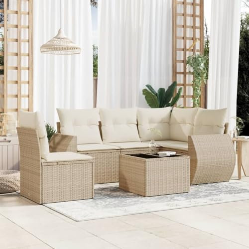 Rantry 6-TLG. Gartenmöbel Set mit Kissen Gartensofa Gartenlounge Balkonmöbel Ecklounge Ecksofa Loungesofa Sitzgruppe mit Gartentisch Loungemöbel Beige Poly Rattan