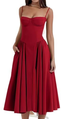 MJLOMJ Robe à épaules dénudées, robe à bretelles spaghetti, robe corset pour femme, robe trapèze sans manches à épaules dénudées avec ourlet plissé, robe midi pour femme, Rouge, S
