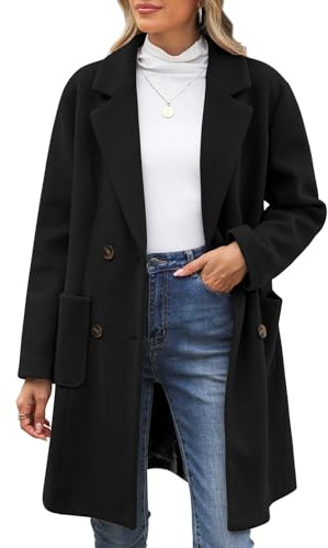 CMTOP Cappotto Donna Invernale Lana Caldo Cappottos Scollo a V Revers Cappotti Invernali Lungo Dritto Doppiopetto Giacca Lana Elegante con Tasche per Autunno Inverno(Nero, L)