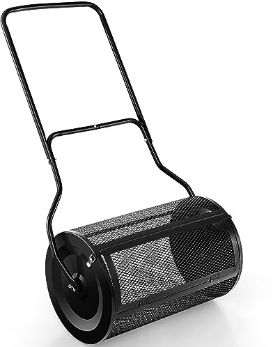GYMAX Spargitore di Compost da 60cm, Capacità 76L, con Maniglia Ergonomica a U, Serrature Laterali, Rullo Metallico, Spargitore di Fertilizzante per Concimare e Seminare Giardino Esterno (Nero)