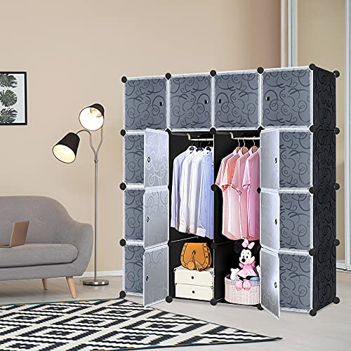UISEBRT Garderob hyllsystem 16 kuber gör-det-själv garderobsskåp plast sovrumsskåp plugghylla med dörr och skoskåp för kläder böcker leksaker – 140 x 35 x 140 cm svart