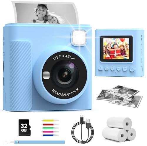 TIATUA Kinderkamera Sofortbildkamera, 2,4 Zoll Sofortbildkamera Kinder mit 32G Karte und Fotopapier Drucken, 1080P HD Digitalkamera Kinder, Geschenke für Jungen und Mädchen 3-12 Jahre (blau)