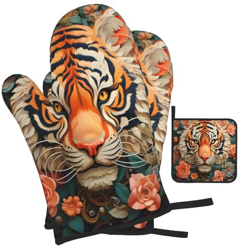 Mexpekil Lot de 3 gants de cuisine et maniques - Motif tigre floral - Résistants à la chaleur - Antidérapants - 1 paire de gants de cuisine - 1 tapis de manique pour la cuisson, le barbecue, la