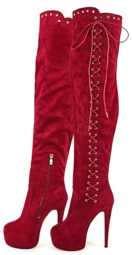 Rhineshell Women's Platform Over the Knee High Boots Lace Up Strappy Boot Side Zipper Stilettos Round Closed Toe Slim High Heels Faux Suede Party Dancing Shoes Red Size 12