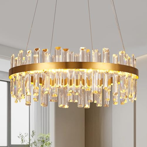 Modern Gold Crystal Led Chandelier: 23.6 Round 3 Color Dimmable K9 Luxury Crystals Chandeliers for Dining Room Lights over Table - Elegant Contemporary Living Room Bedroom Kitchen Light with Remote