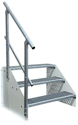 SRM Design 3 Stufen Standtreppe Stahltreppe Wangentreppe Gitterrosttreppe Außentreppe Industrietreppe freistehend Breite 60cm Höhe 63cm weiß 1x Geländer