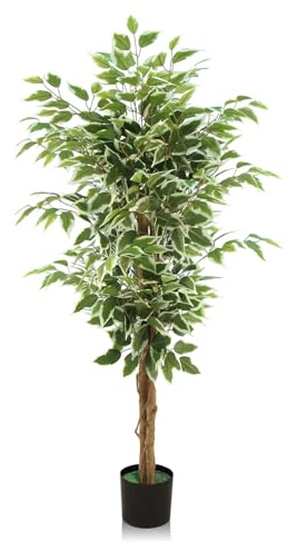 120cm Árbol De Ficus Artificial con Hojas Verdes Y Bordes Blancos,GOVIRAYE Planta Alta En Maceta para Decoración De Interior O Exterior, Bonsái Realista para Hogar, Oficina O Jardín