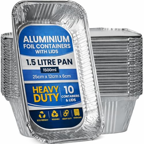 eMKay® Pack of 10 Aluminium Foil Containers with Lids – 1.5 Litre Reusable Foil Trays for Food – Oven & Freezer Safe Tin Containers – for Baking, Cooking, Meal Prep, Takeaway, Storage & Catering