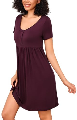 Bresdk Camicia da Notte per Allattamento Donna con Bottoni Estiva Manica Corta Parto Ospedale Morbidi Eleganti Abiti Premaman, Rosso Scuro, M