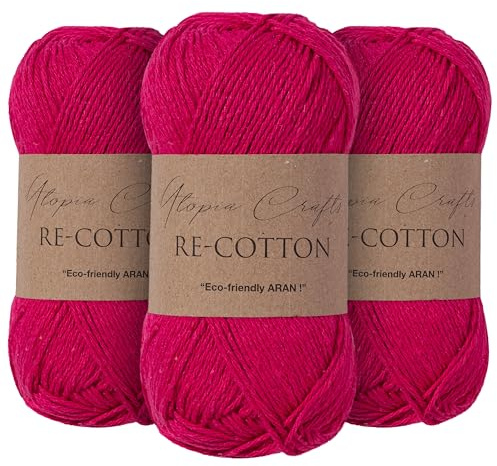 Utopia Crafts Re-Cotton Knitting Yarn, 3x 100g (Rose Red)