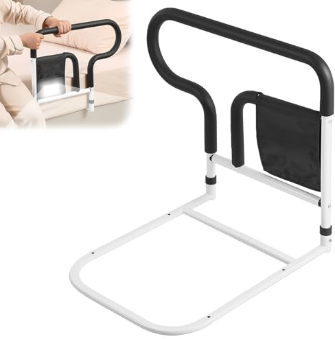 Kensbro Barandilla Cama Adulto, Asidero Cama con luz LED y Bolsa de Almacenamiento, Soporte de Triple Pasamanos, Baranda Cama Adulto para Personas Mayores, Discapacitadas y Embarazadas