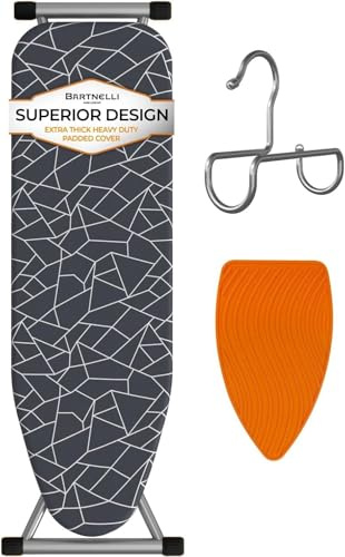 Bartnelli Compact Ironing Board 13x43 Iron Surface Patent Folding System with Adjustable Height, 4 Layered Cover and Pad, Hanger, Iron Mat