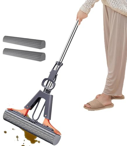Pva - Mopa de esponja autoapretable, con 2 cabezales de esponja superabsorbentes, esponja para limpiar suelos, fregona de suelo con mango de acero inoxidable para uso en seco y húmedo para baño y