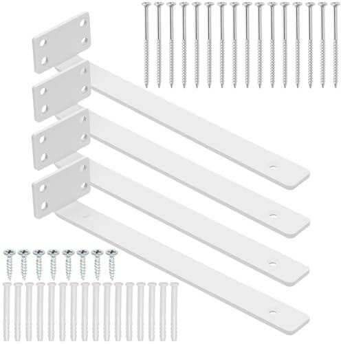Swpeet 4 Pack 8 Inch White Heavy Duty Hidden L Brackets, Floating Shelf Bracket, Blind Shelf Supports, Rustic Industrial Shelf Brackets with Screw and Anchors Kit for Table Work Bench