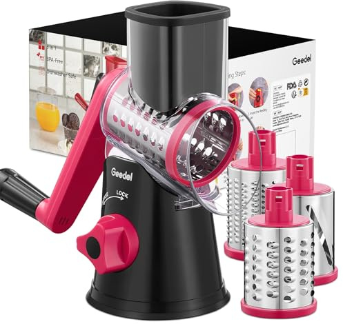 Rallador de Queso, Rallador Verduras con 3 Cuchillas de Tambor, Rallador Cocina de Corte más Rápido y Fácil, Cortadora de Verduras Ideal para Queso, Pepino, Zanahoria, Nueces, etc. (Rosa Negro)