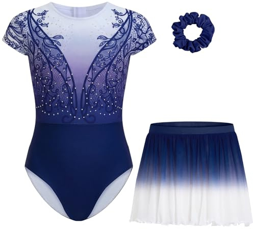 Gogokids Justaucorps de gymnastique pour fille avec jupe, manches courtes avec strass scintillants et imprimés, ensemble de danse 3 pièces pour ballet, yoga, performances - Tailles 3-12 ans